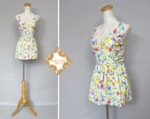 Vintage swimsuit / Maxine of Hollywood  / 1970s swimsuit /  skirted swimsuit / white and floral