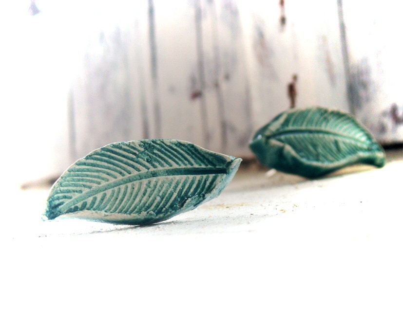 Stud Earrings Botanical Teal leaves Posts Ceramic Jewelry