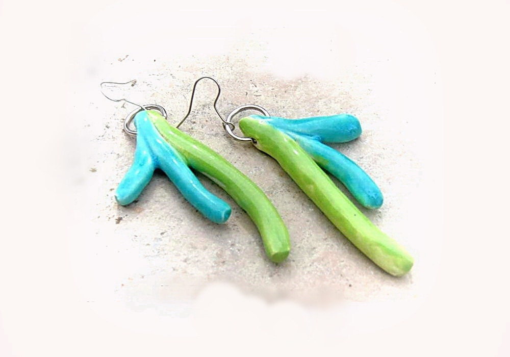 Coral Branch Earrings Aqua blue and Lime green