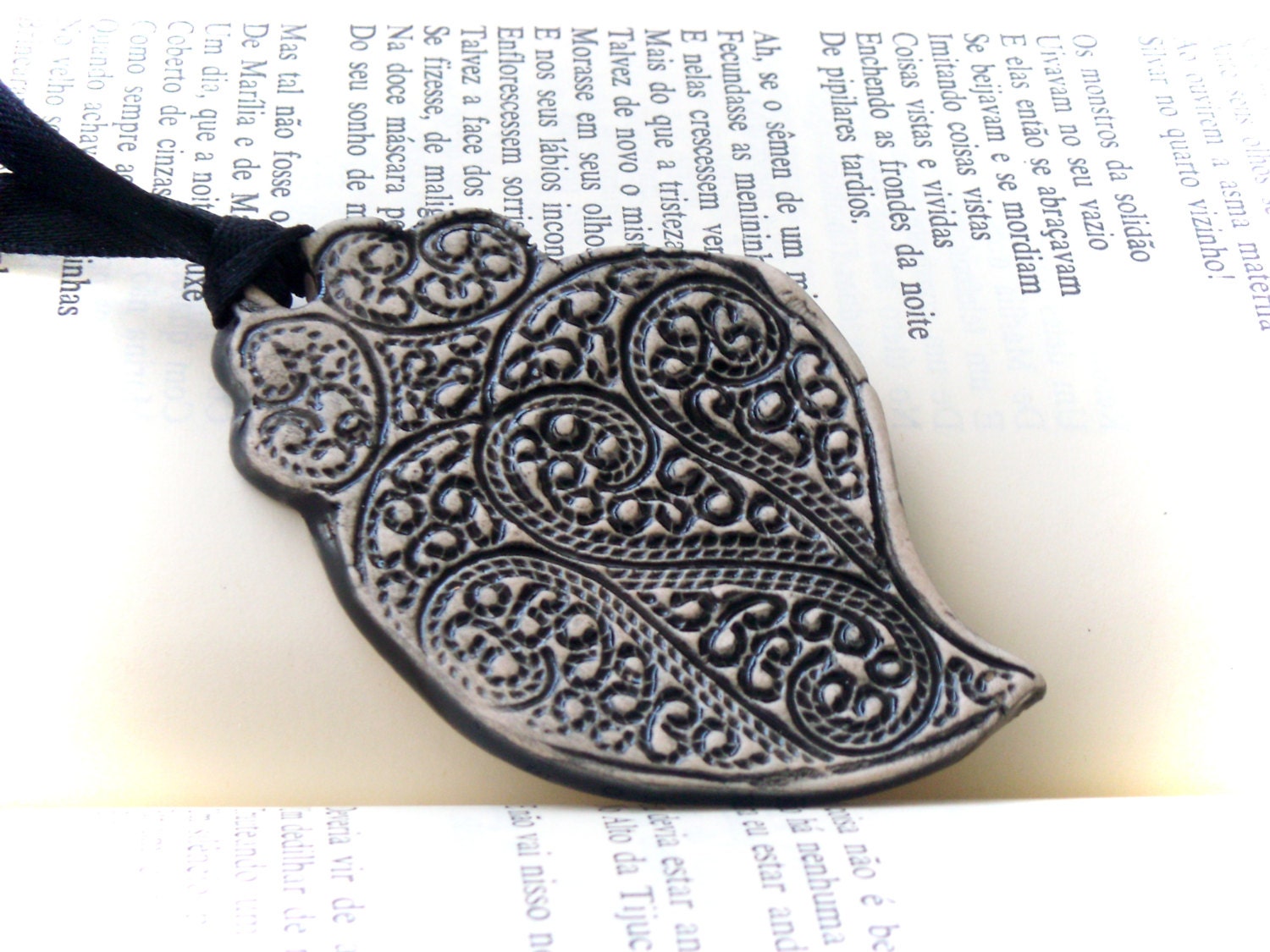 Black and white Heart Necklace Textured Ceramic Jewelry