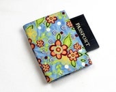 Fabric Passport Cover - Polka Dot Garden in Aqua Blue with Velcro Closure