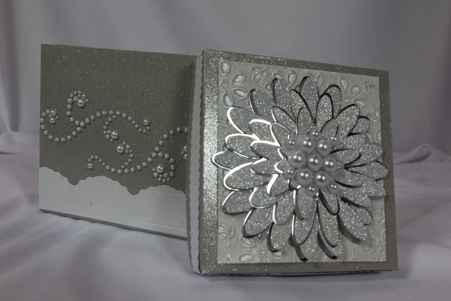 EXPLOSION BOX - Wedding - Silver and White Sparkle with White Pearl Trimming - 4 x 4