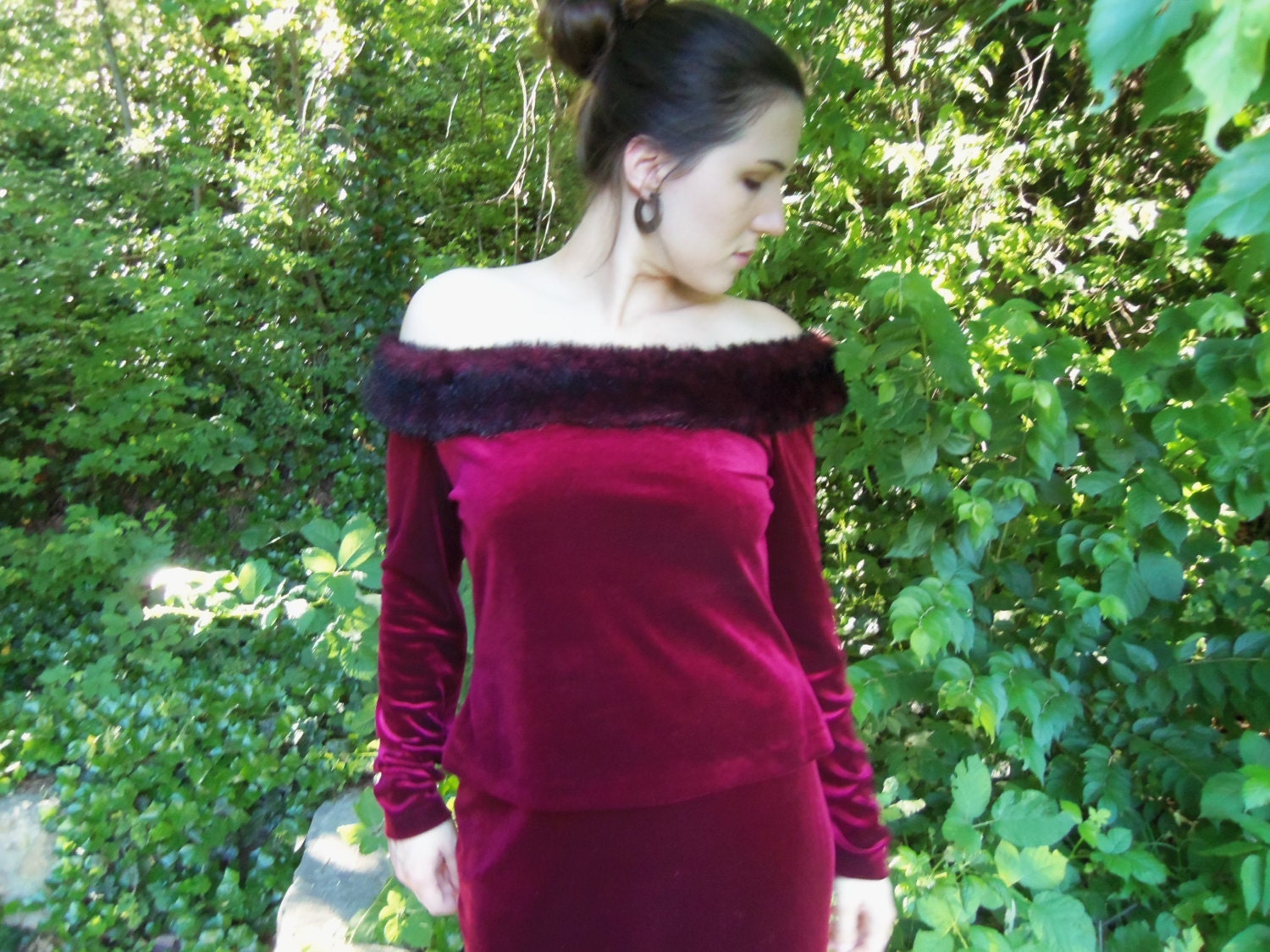 Stretch Velvet  Dress Maxi Burgandy