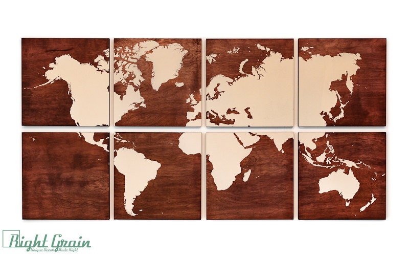 Large World Map Wall Art on Dark Wood Grain Panels - 24x48 Great Gift Idea