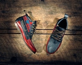 Ben Wannamaker TBs - HIGHTOP Leather Boat Shoes - Pebbled Red and Navy Blue Cowhide with Southwest Inspired Wool Details - MADE to ORDER
