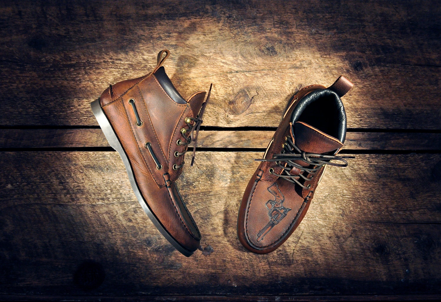 Handcrafted HIGHTOP Leather Boat Shoes - Distressed Oiled Dark Tan Cowhide & etched pistols - Dark Brown CUFF
