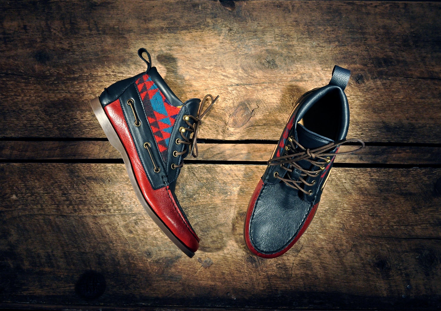 Ben Wannamaker TBs - HIGHTOP Leather Boat Shoes - Pebbled Red and Navy Blue Cowhide with Southwest Inspired Wool Details - MADE to ORDER