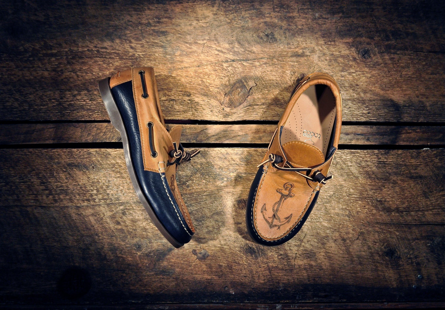 Navy & Waxed Tan Cowhide Boat Shoes with etched ANCHORs - Navy blue cowhide lined - MADE TO ORDER