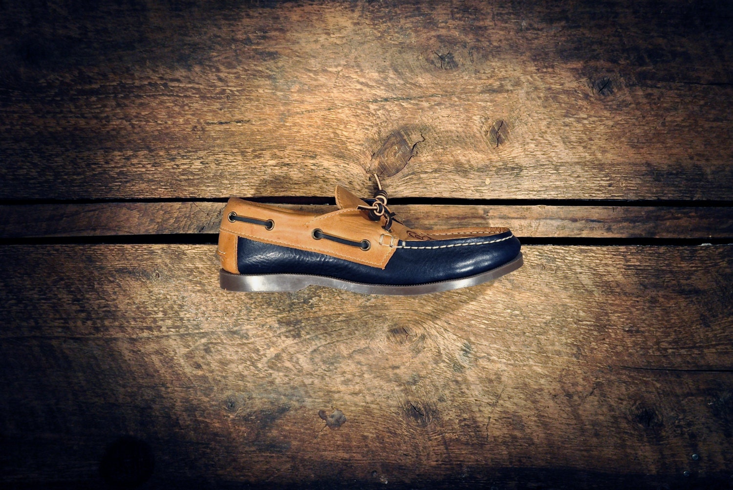 Navy & Waxed Tan Cowhide Boat Shoes with etched ANCHORs - Navy blue cowhide lined - MADE TO ORDER