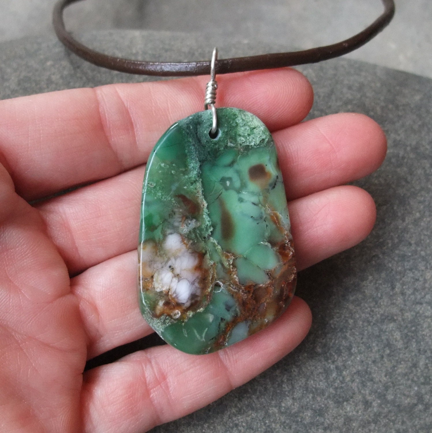 Chrysoprase pendant necklace - handmade in Australia - unique earthy clouds of green in rock