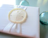 Beach Wedding Guest Book - Wedding Guest Register w Sand Dollar & Pearls, White