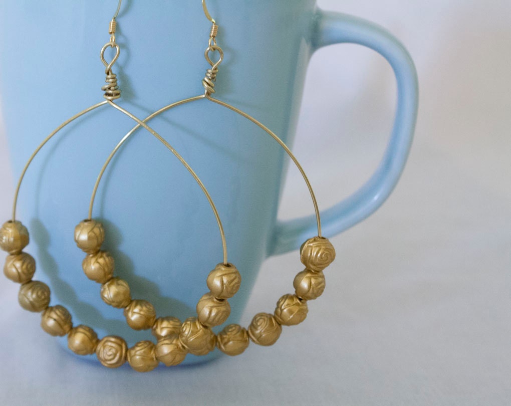 Large Gold Beaded Hoop Dangle Earrings - Lightweight