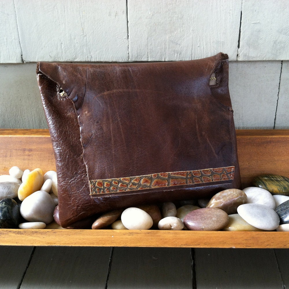 Raw Edge Clutch - Dark Brown Leather with Embossed Crocodile Leather Edge - One of a Kind