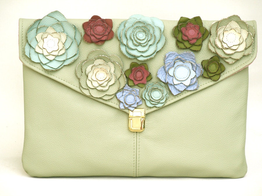 Summer Leather Clutch, Envelope Clutch, Laptop Case, Oversized Clutch, Coctail bag, Formal Clutch, iPad Case /  june inspired, blossoms
