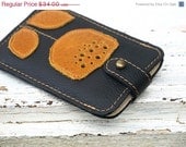 iPhone Leather Case, Floral Gadget Case Rustic Black and Cognac Leather - valentines day gift  for her