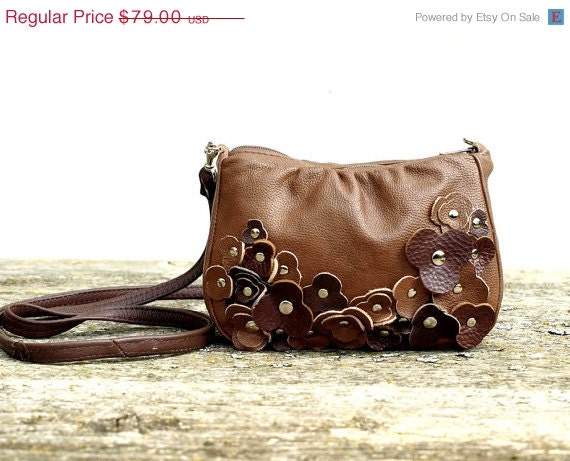 Brown Leather Bag Cross Body Purse Messenger Tiny Rustic Bag Studded Chocolate