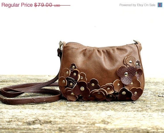 Brown Leather Bag Cross Body Purse Messenger Tiny Rustic Bag Studded Chocolate