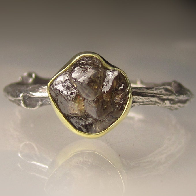 Natural Rough Chocolate Diamond Twig Ring - 18k Gold and Blackened Sterling Silver Engagement Ring