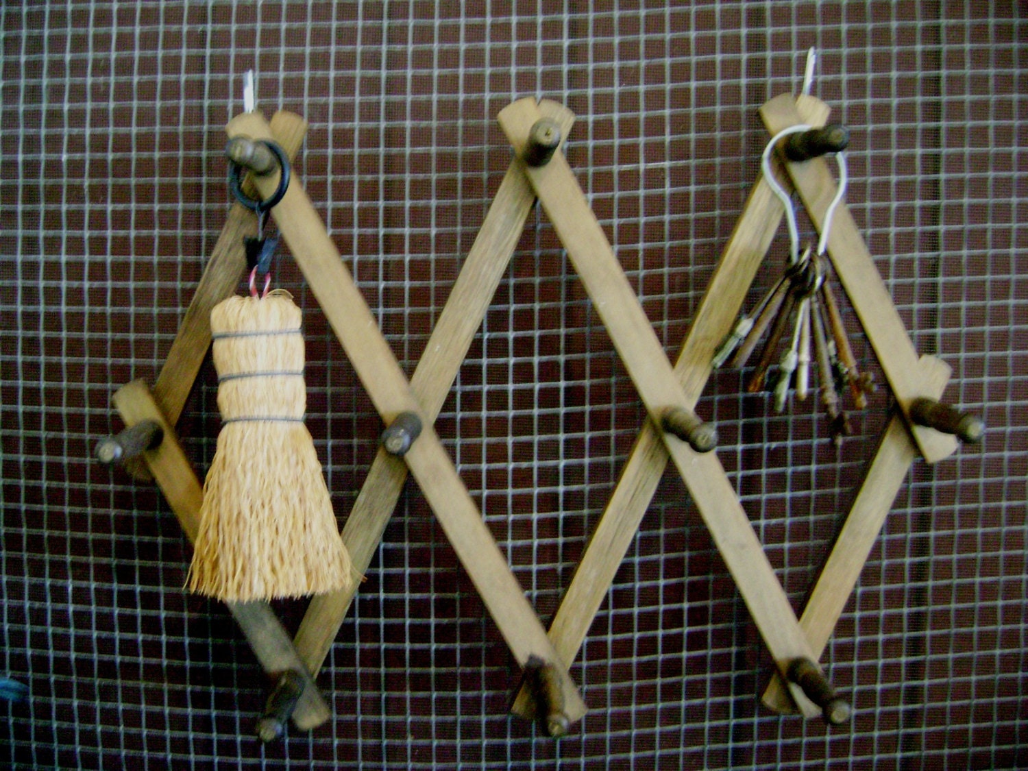 Vintage Peg Rack,  Accordion Wall Hanger, Dark Stained Wood, Cottage Style Wooden Organizer, Wall Hanger
