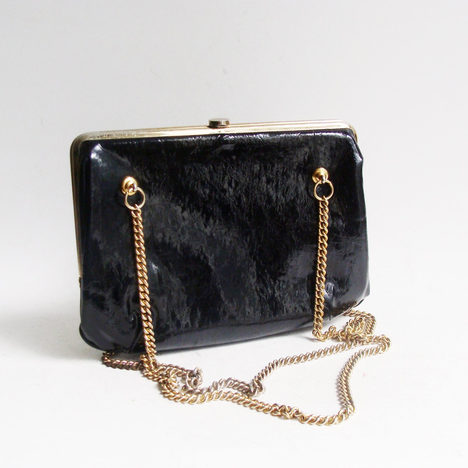 Robert Bestien purse / 50s 60s purse / black patent leather purse / chain purse / vintage kiss lock purse