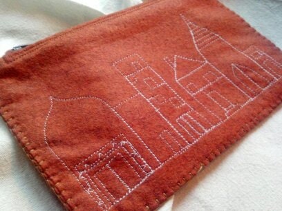 Cityscape - auburn wool pouch zippered wallet - urban landscape wallet