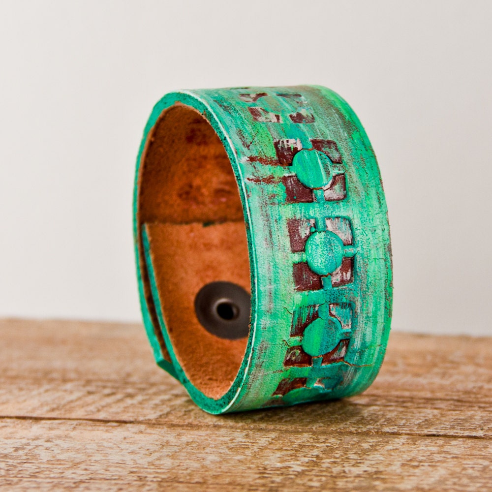 Spring Green Cuff Vintage Leather Boho Gypsy Chic OOAK - Festival