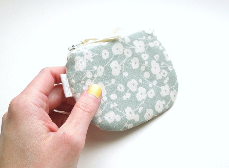Pastel Mint and White Floral Coin Purse Small Zipper Pouch