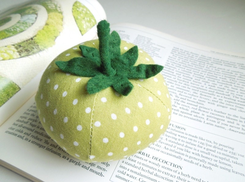 Light Green Polka Dot Tomato Pincushion