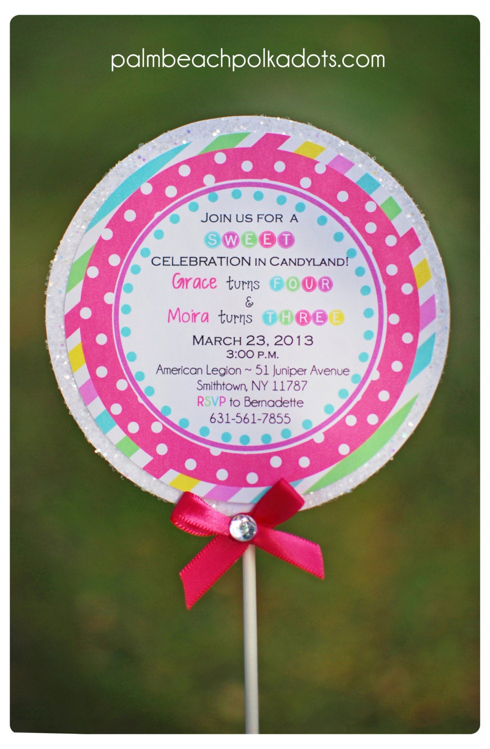 15 DELUXE GLITTER Candyland Lollipop Birthday Invitations by Palm Beach Polkadots