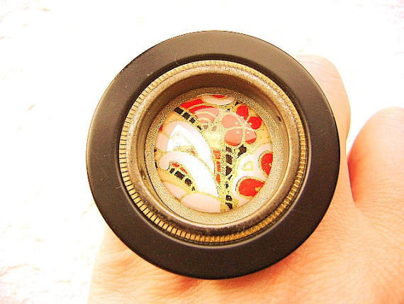 Japanese Chiyogami Ring Vintage Door Pull Statement Ring Washi Paper Plum Blossoms