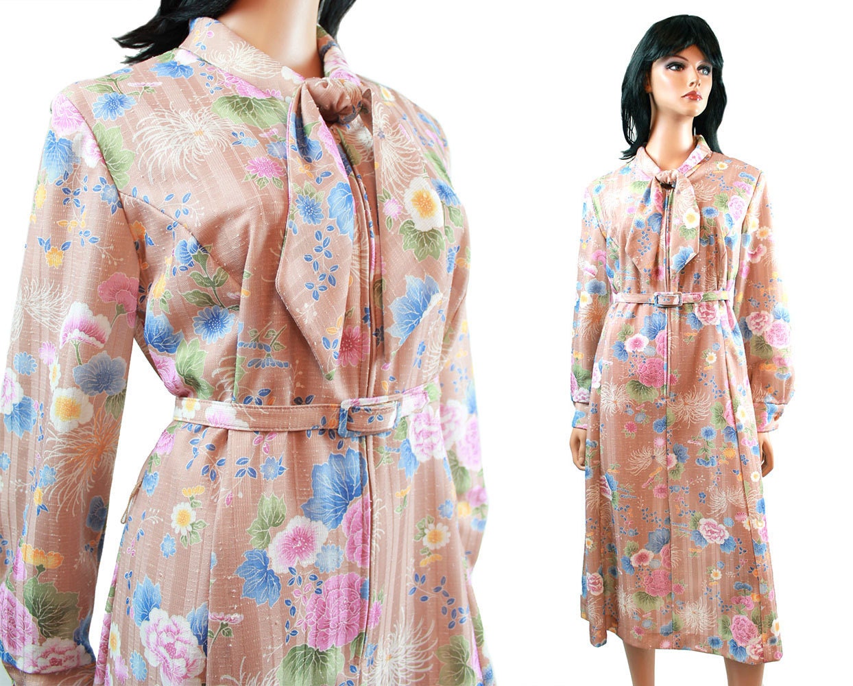 Pussy Bow Dress Sz L - Vintage 70s Floral  Brown Pink Blue Long Sleeve Secretary Dress Size Large Free US Shipping