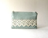 Coin Purse, Pouch, bridal pouch, gadget case - The Honey Coin Purse II in light blue - gray cotton and cotton lace