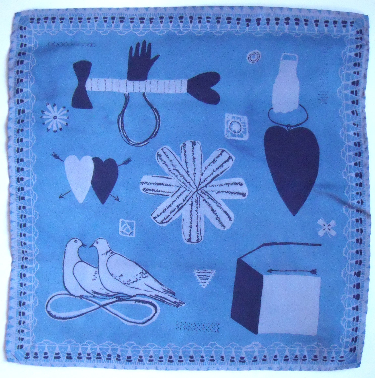 Hand Screen Printed Silk Love Token Handkerchief Blue/Grey/Navy