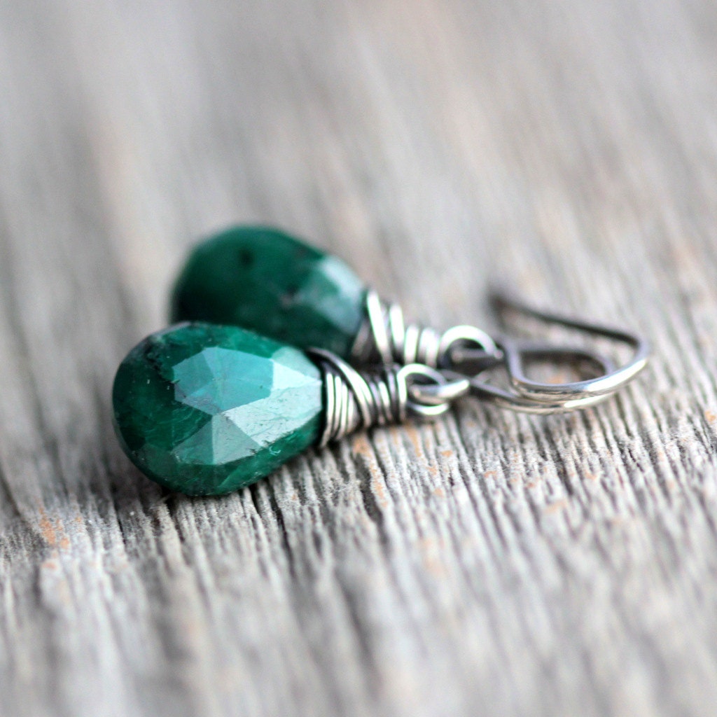 Emerald Gemstone Earrings Wire Wrapped on Sterling Silver Ear Wires - May Birthstone Dangle Earrings