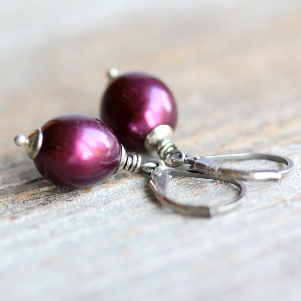 June Birthstone Pearl Earrings on Sterling Silver Lever Back Ear Wires - Dark Pink Magenta Ruby Freshwater Pearls - Bacchus