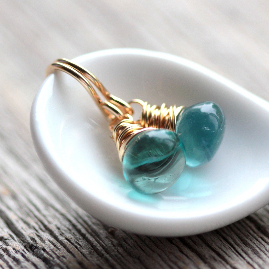 Blue Gemstone Earrings Blue Paraiba Fluorite Wire Wrapped on Gold Fill - Seychelles - Summer Ocean Beach Fashion