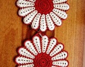 Vintage Pot Holders DOILY LOT Retro Hand CROCHETED Lace Cotton Crochet Finer Red Ecru Pair