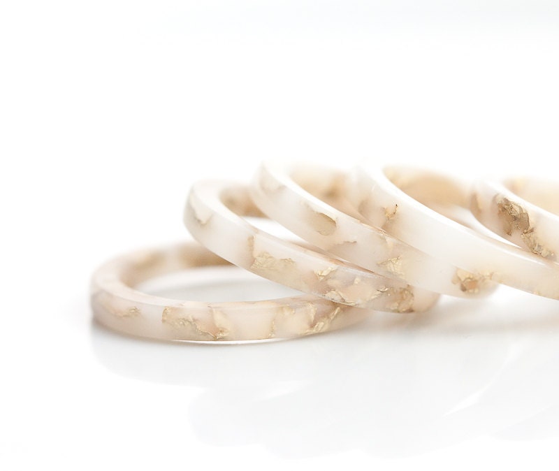 Resin Stacking Ring White Ivory Gold Flakes Thin Small Ring OOAK milk vanilla cream beige glam minimalist jewelry rusteam