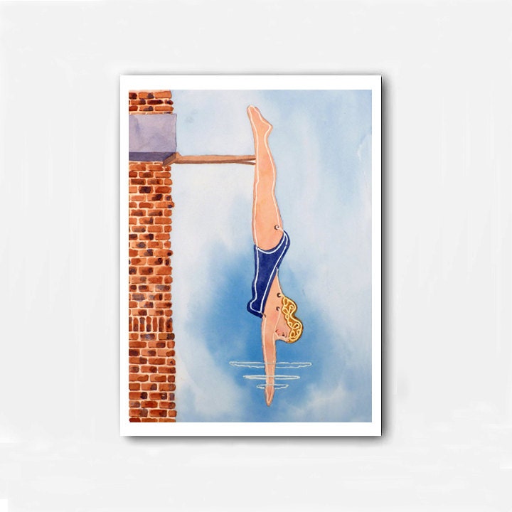 Swim Suit Vintage Sign Art - Watercolor Painting Print - Fathers Day - Home Decor Blue Sky Summer Red - Men Women - Blue Sky - 10.5 x 13.5