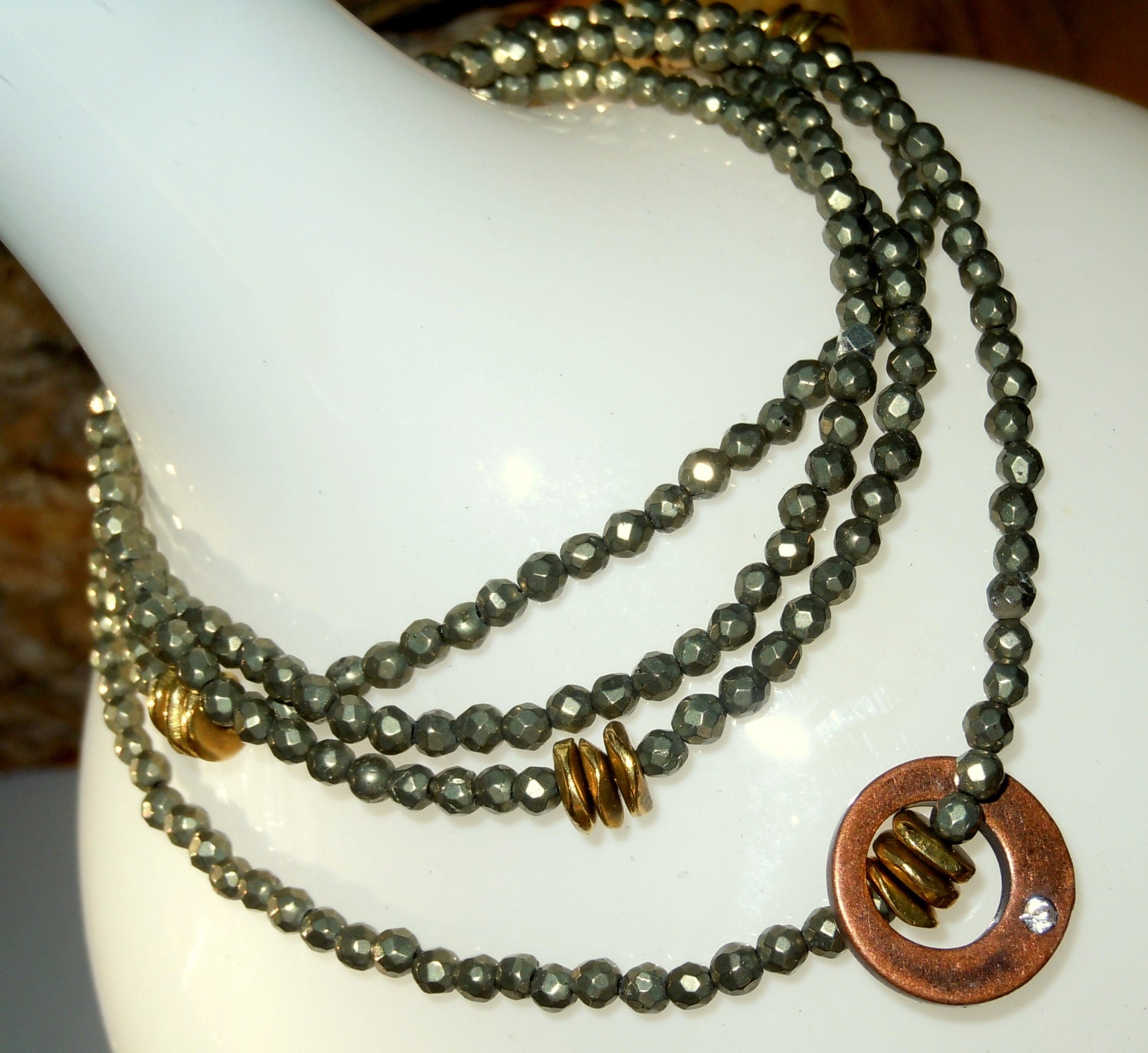 Pyrite and brass nugget and copper embellishment with rhinestone necklace or bracelet...