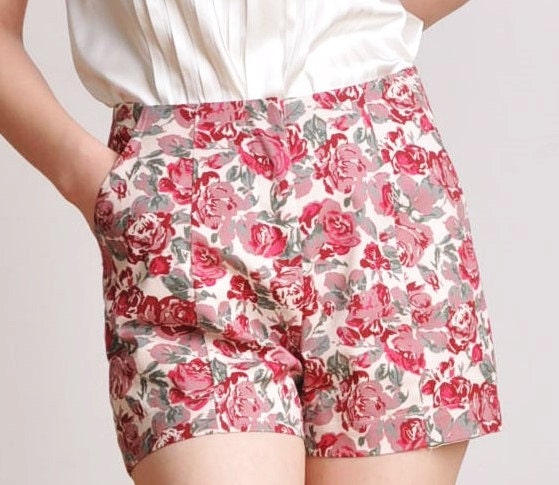 Red White Floral Print High Waist Lady Shorts