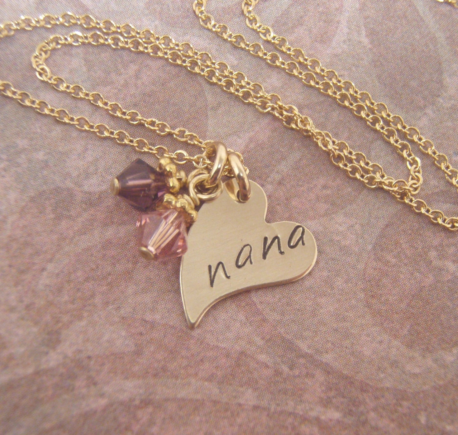Petite Nana necklace -Gold grandmother's necklace with birthstone crystals - Petite gold heart necklace with 1/2" long stamped heart