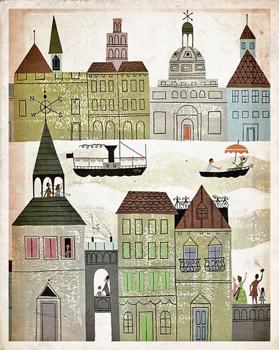 Vintage Fairy Tale Illustration "Rainbow Village" European City Fairytale Print - Houses Boat