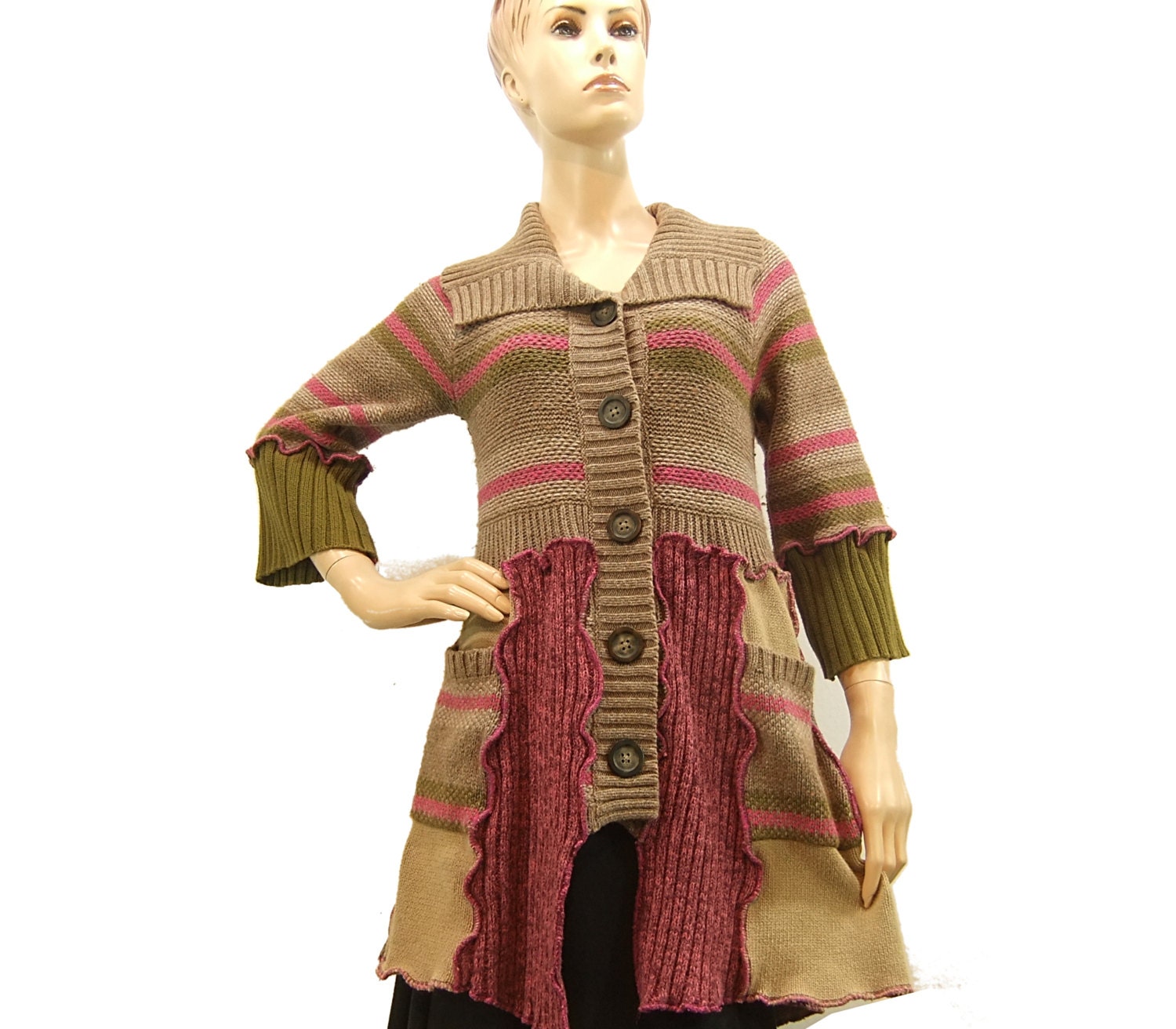 Womans small  sweater, pink and tan, cardigan sweater button front, collar