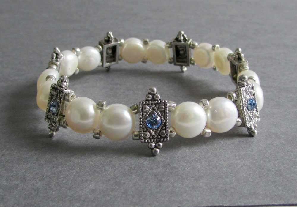 Ivory Freshwater Coin Pearl Bracelet / Silver Station Bracelet with Light Blue Swarovski Crystal Accents - Harbor