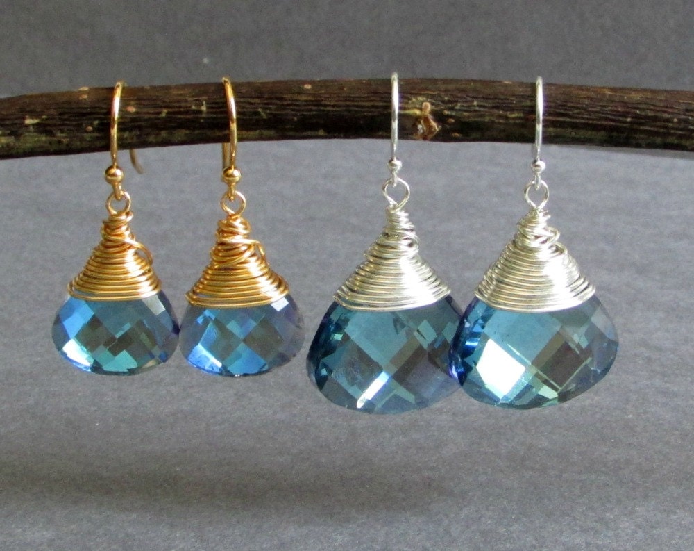 Blue Glass Briolette Earrings / Wire Wrapped Briolette Earrings / Drop Earrings / Sterling Silver or 14k Gold Plated  - Glow (Mystic Blue)