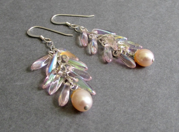 Light Pink Glass Earrings / Pink Freshwater Pearl Earrings / Sterling Silver Linear Dangle Earrings - Glimmer