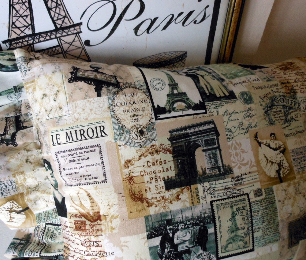 Adore Paris with this Super French Pillow with Vintage French Images Eiffel Tower