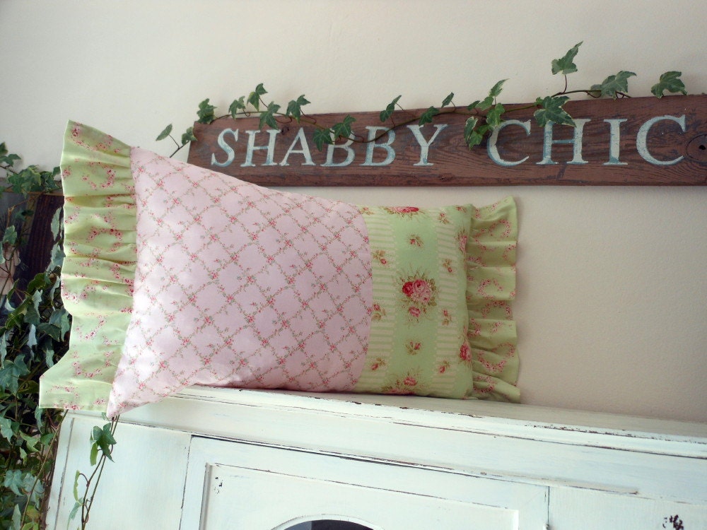Shabby Chic Pillow With Three Fabrics And Pink Roses Makes Triple Cottage Style