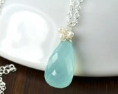 Aqua Chalcedony Necklace Pastel Blue Seed Pearl Sterling Silver Beach Wedding Bridesmaid Pale Blue